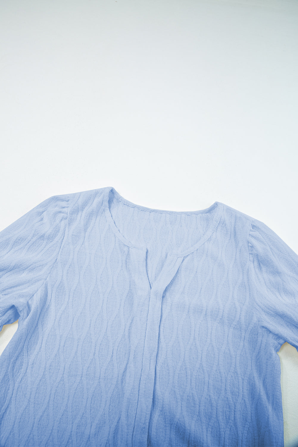 Beau Blue Solid Color Textured Notched Neck Puff Sleeve Blouse