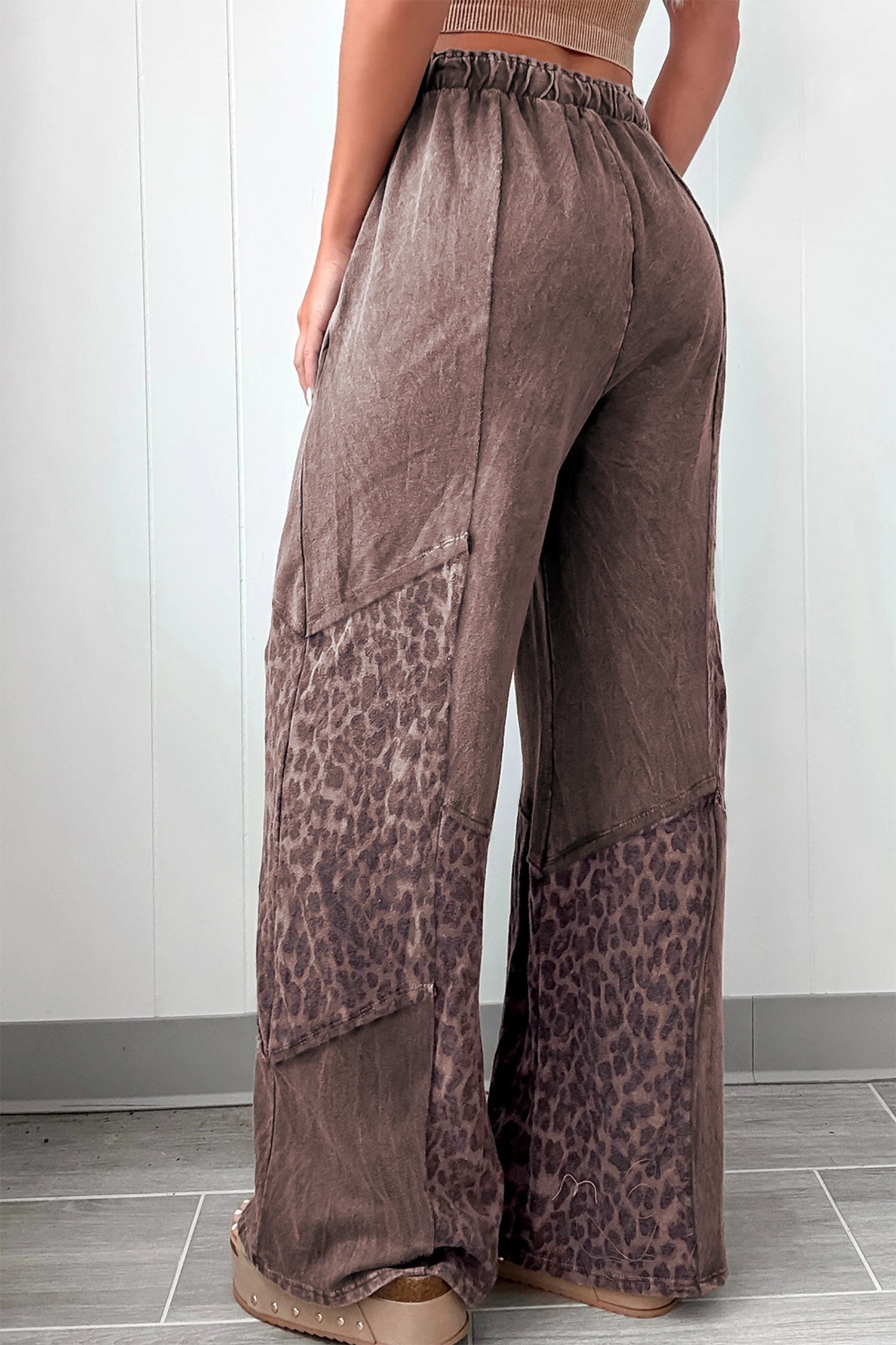 Coffee Mineral Wash Leopard Patchwork Loose Pants