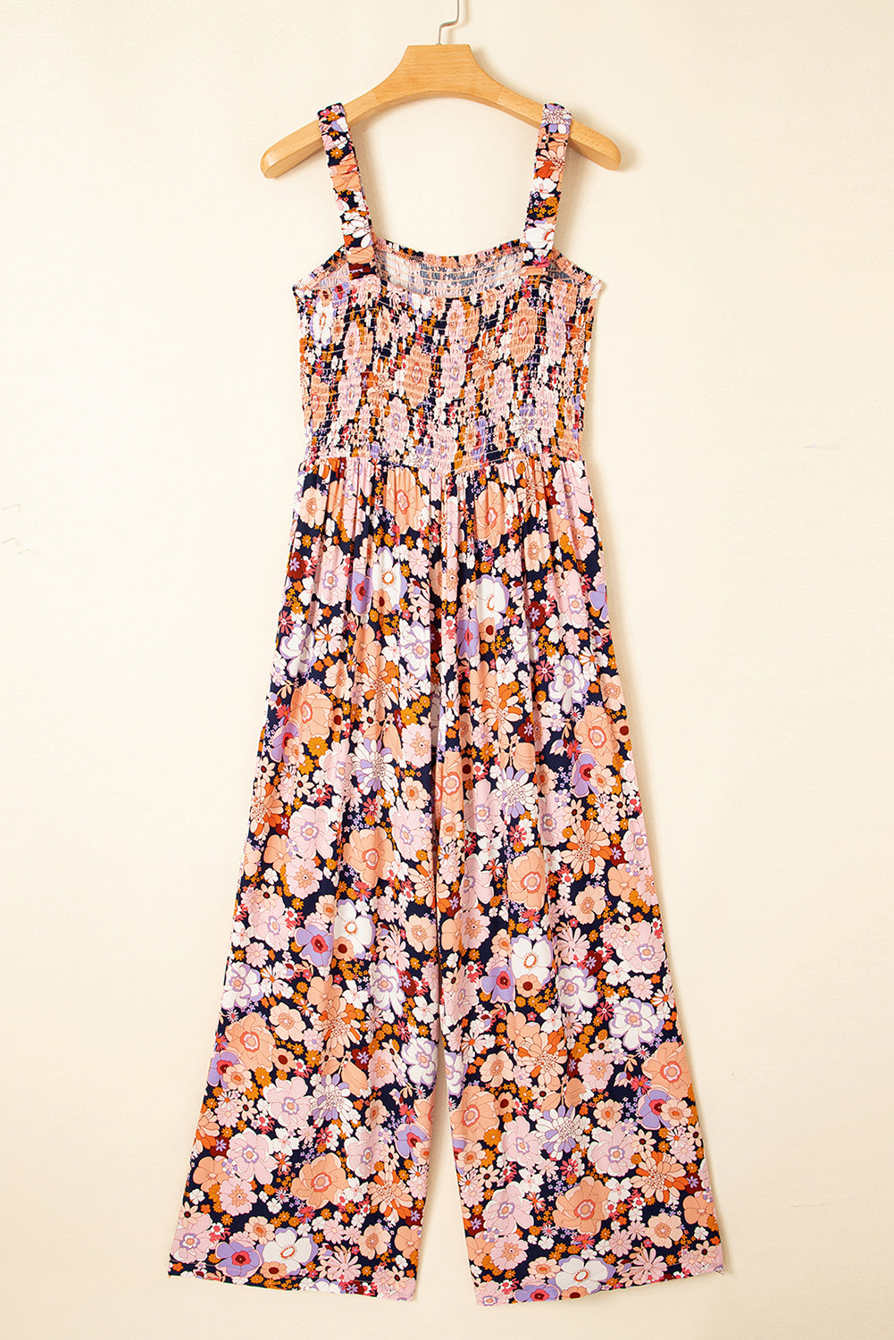 Black Floral Print Smocked High Waist Square Neck Jumpsuit