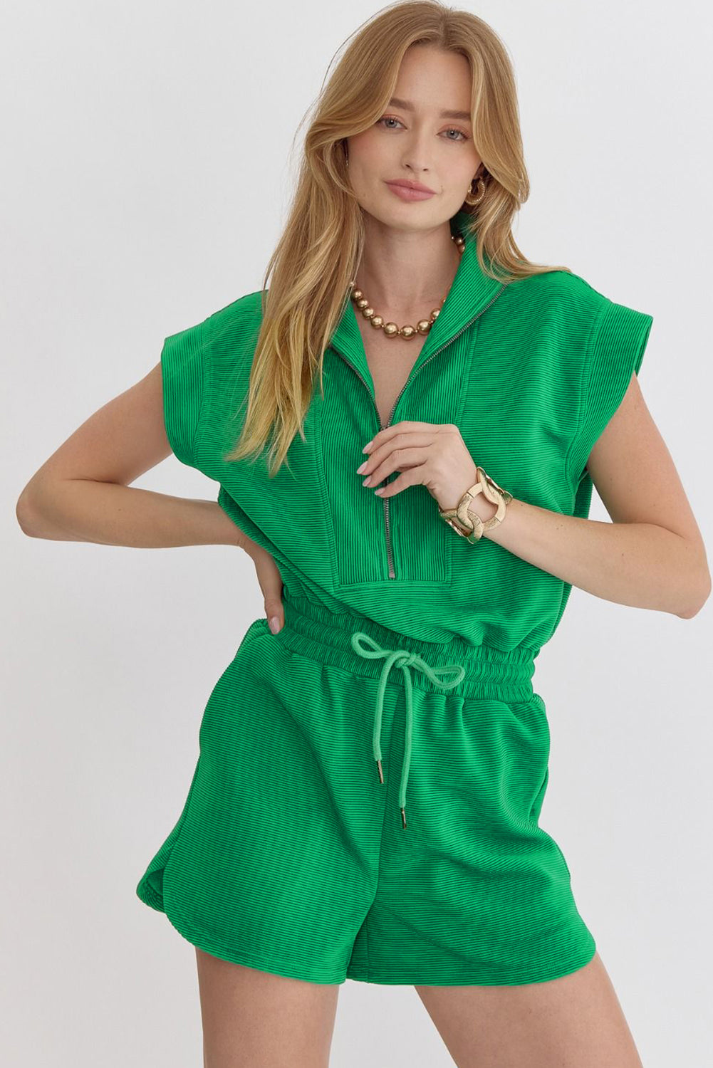 Bright Green Textured Short Sleeve Half Zip Drawstring Elastic Waistband Romper