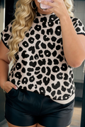 Black Plus Size Leopard Print High Neck Short Sleeve Sweater