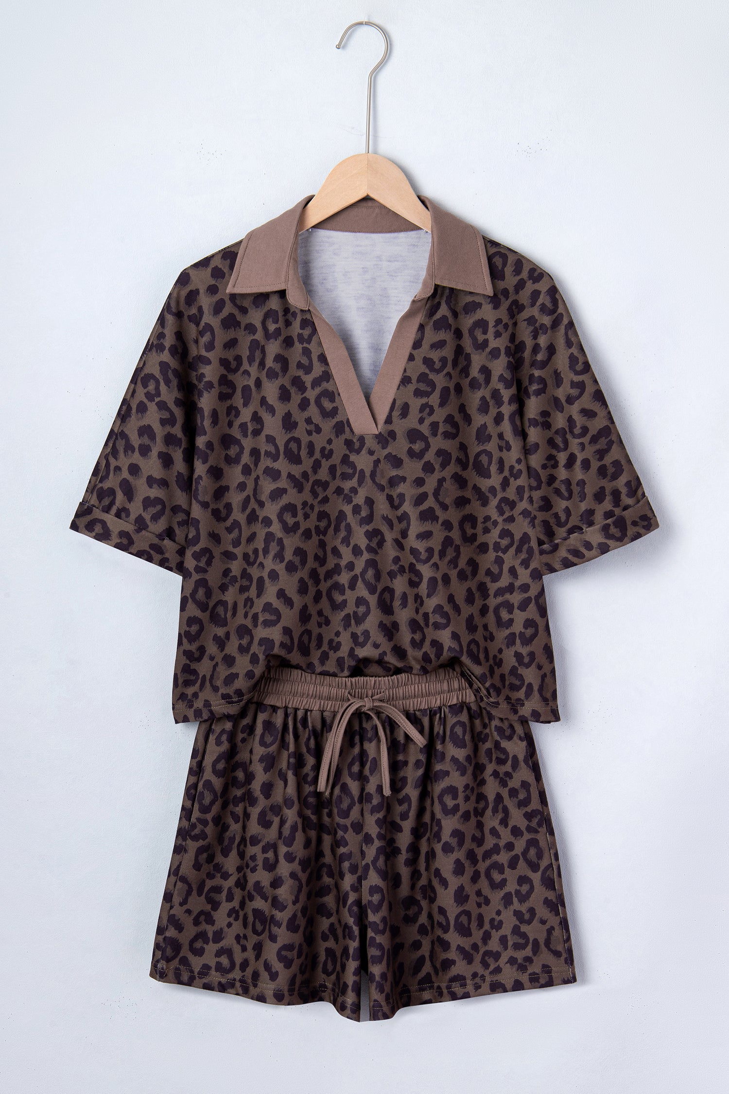 Brown V Neck Collar Leopard Printed 2pcs Short Set