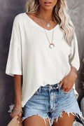 White Waffle Texture Ribbed V Neck Drop Shoulder Loose Tee