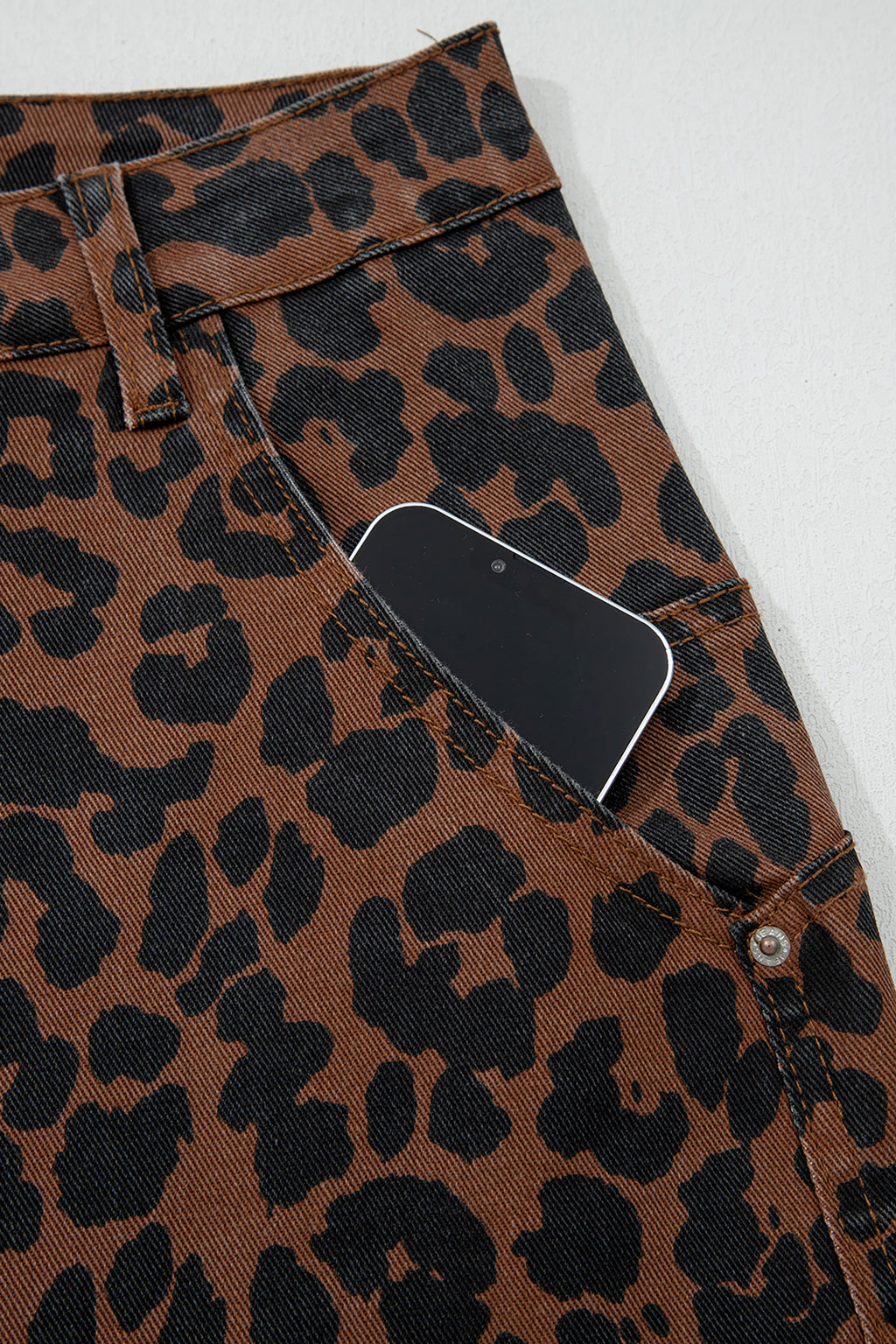 Brown Clear Seam Detail Patchwork Leopard Print Jeans