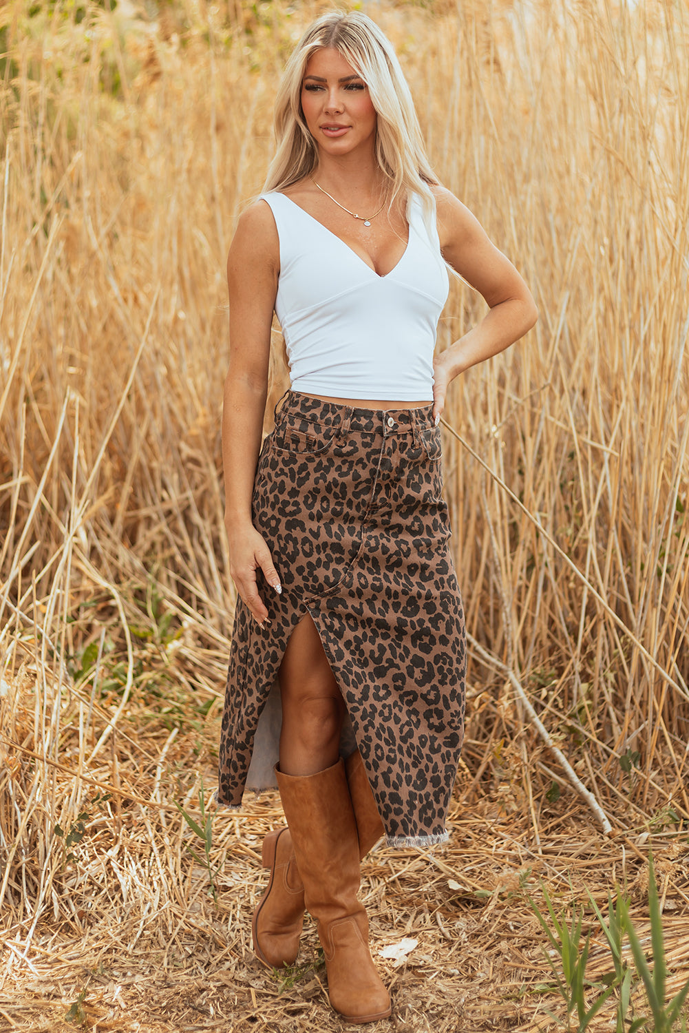 Brown Leopard Denim Frayed Split Denim Midi Skirt