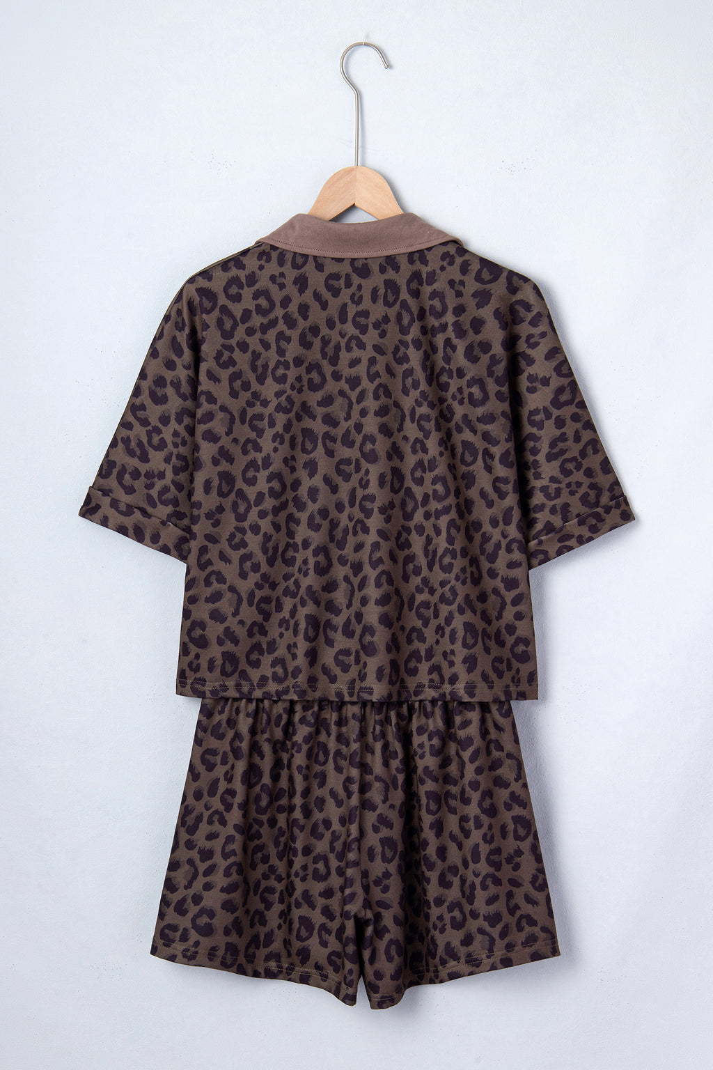 Brown V Neck Collar Leopard Printed 2pcs Short Set