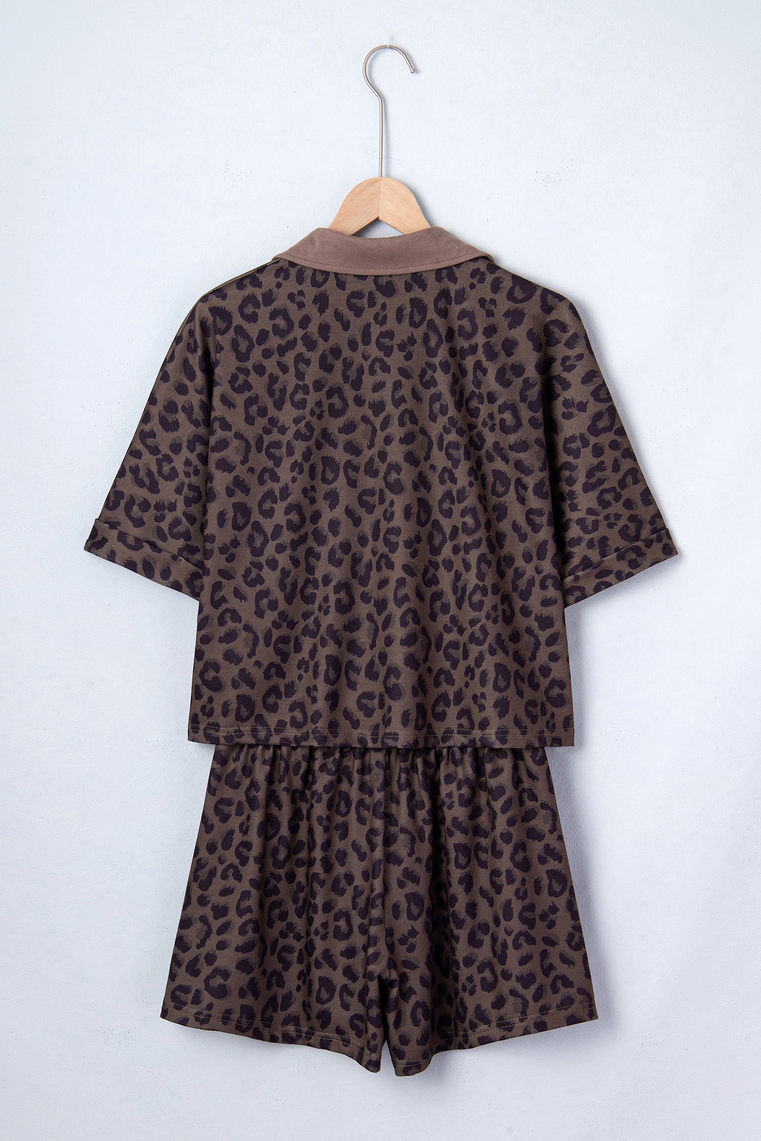 Brown V Neck Collar Leopard Printed 2pcs Short Set