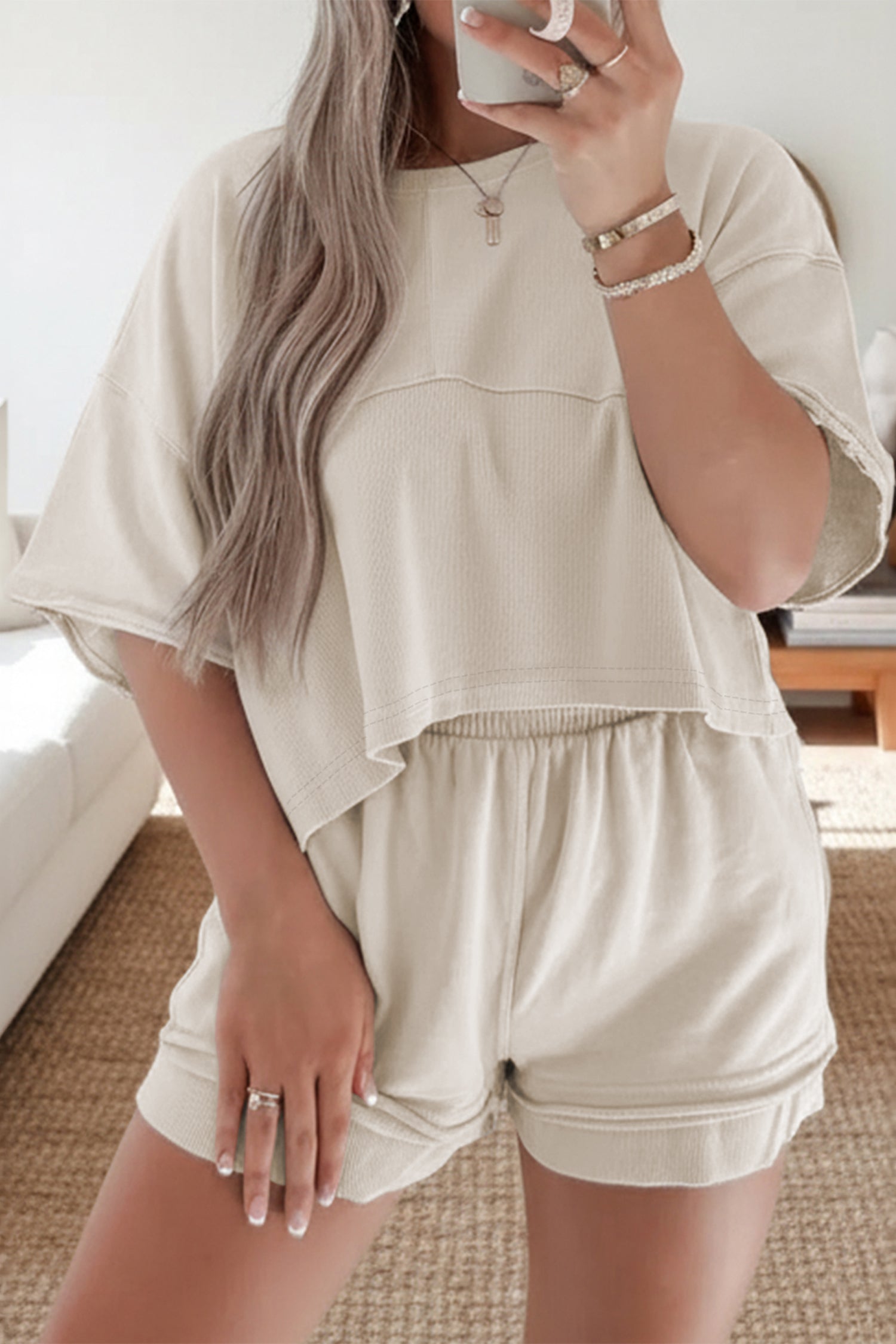 Jet Stream Solid Color Contrast Textured Patchwork Raw Edge 2pcs Short Set