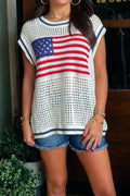 White USA Flag Eyelet Knitted Cap Sleeve Sweater Top