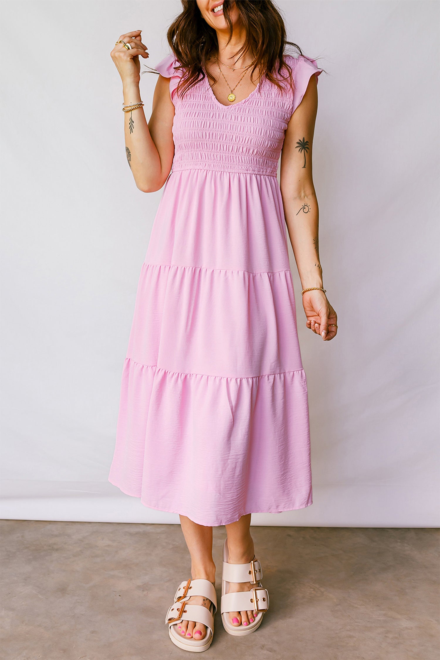Pink Smocked Bodice Flutter Sleeve Fit Flare Tiered Midi Dress