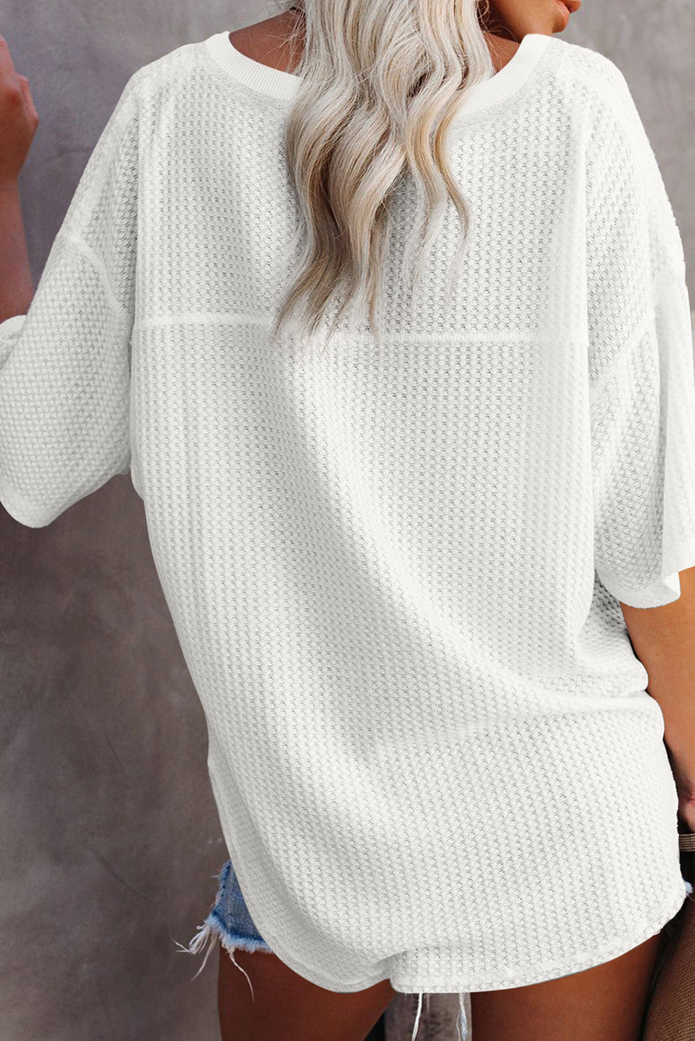White Waffle Texture Ribbed V Neck Drop Shoulder Loose Tee
